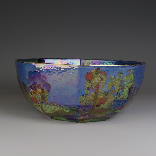 112 - An unusual Wilton Ware octagonal Lustre Bowl, decorated in the style of Fairyland Lustre, factory ma... 