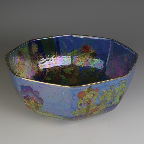 112 - An unusual Wilton Ware octagonal Lustre Bowl, decorated in the style of Fairyland Lustre, factory ma... 