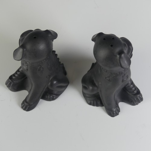 114 - A pair of Wedgwood black Basalt salt and pepper Shakers, in the form of Dogs of Foo, impressed marks... 