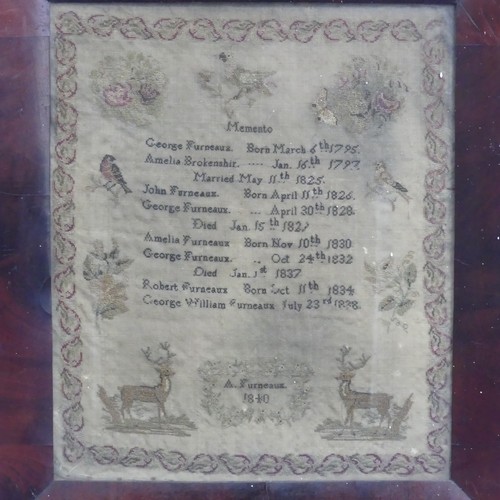 537 - A mid-19th century needlework memento Sampler, of the family Furneaux from 1795-1840, with stylised ... 