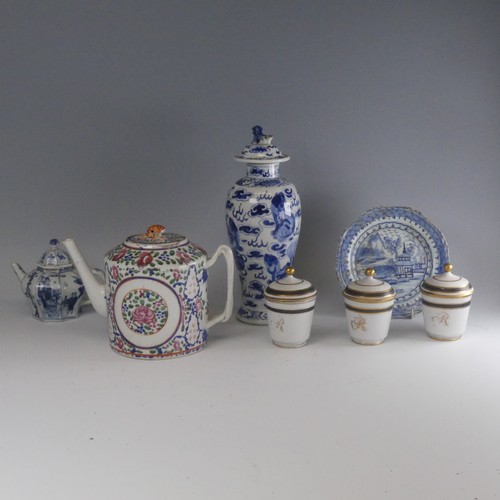 155 - A 19thC Chinese porcelain famille rose Teapot, of cylindrical form with twist handles and foliate fi... 