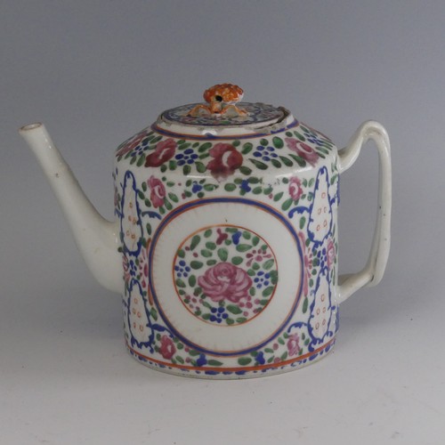 155 - A 19thC Chinese porcelain famille rose Teapot, of cylindrical form with twist handles and foliate fi... 