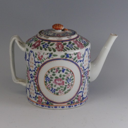 155 - A 19thC Chinese porcelain famille rose Teapot, of cylindrical form with twist handles and foliate fi... 