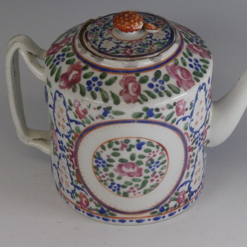 155 - A 19thC Chinese porcelain famille rose Teapot, of cylindrical form with twist handles and foliate fi... 