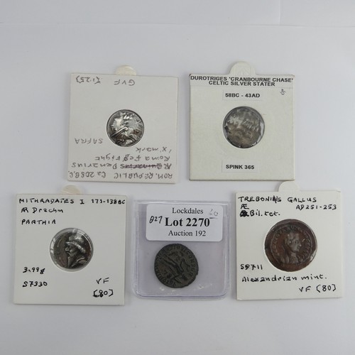 187 - Antiquarian Coins; Roman Republic Period, a silver Denarius, the obverse with helmetted head of Roma... 