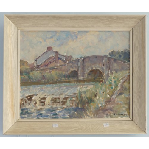 286 - Ethel Louise Rawlins (British, fl. 1900-1940), View of a bridge over the river by a weir, oil on boa... 