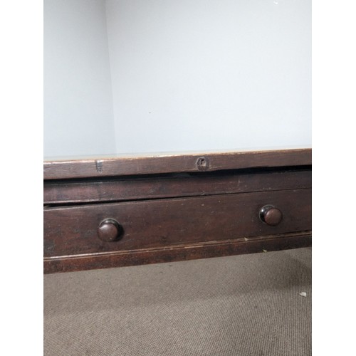 539 - A large 19th century farmhouse kitchen Table, four plank top with cleated ends, raised on later oak ... 