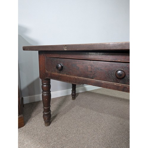 539 - A large 19th century farmhouse kitchen Table, four plank top with cleated ends, raised on later oak ... 