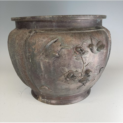 156 - A Japanese Meiji period bronze Jardinière, decorated with moulded birds in relief and pressed... 