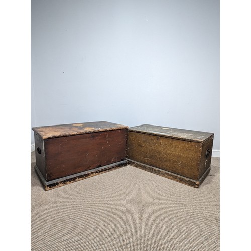 543 - An antique stained Trunk, with carrying handles to either side, W 95 cm x H 51 cm x D 51 cm, togethe... 