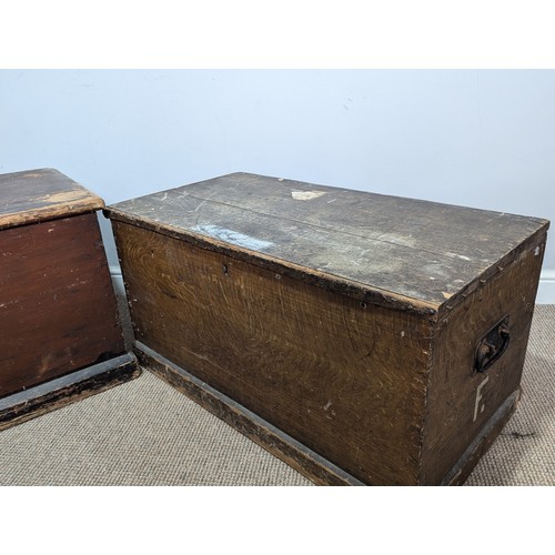 543 - An antique stained Trunk, with carrying handles to either side, W 95 cm x H 51 cm x D 51 cm, togethe... 