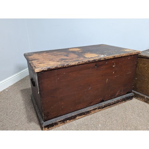 543 - An antique stained Trunk, with carrying handles to either side, W 95 cm x H 51 cm x D 51 cm, togethe... 