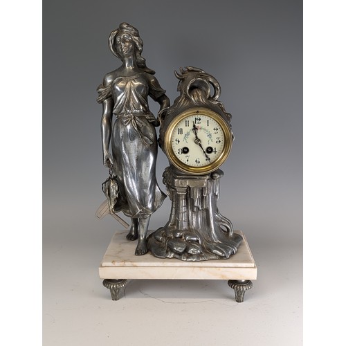 318 - A late 19th/early 20th century French spelter and marble figural mantle Clock, movement stamped '361... 