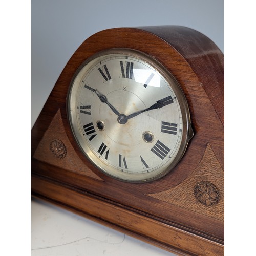 309 - An mahogany and inlaid mantle Clock, white circular dial with arabic numerals, case with decorative ... 