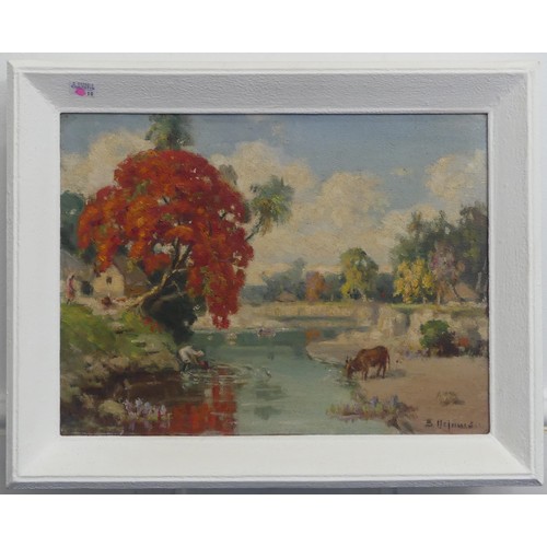 215 - B. Majumdar (20th Century Indian School), Indian river landscape, oil on canvas, signed lower right,... 