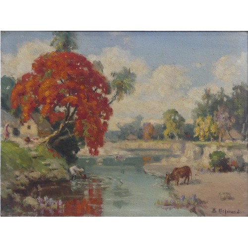 215 - B. Majumdar (20th Century Indian School), Indian river landscape, oil on canvas, signed lower right,... 