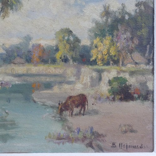 215 - B. Majumdar (20th Century Indian School), Indian river landscape, oil on canvas, signed lower right,... 