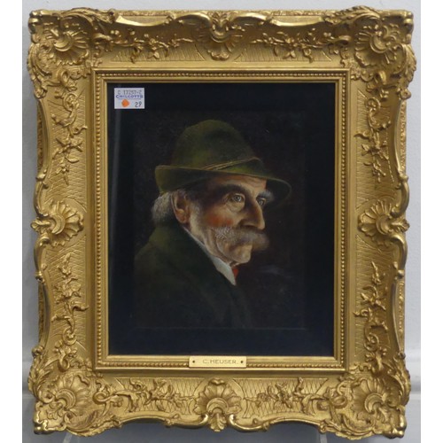 292 - Attributed to Carl Heuser (Austria, 1827-1892), Portrait of a gentleman in green jacket and felt hat... 