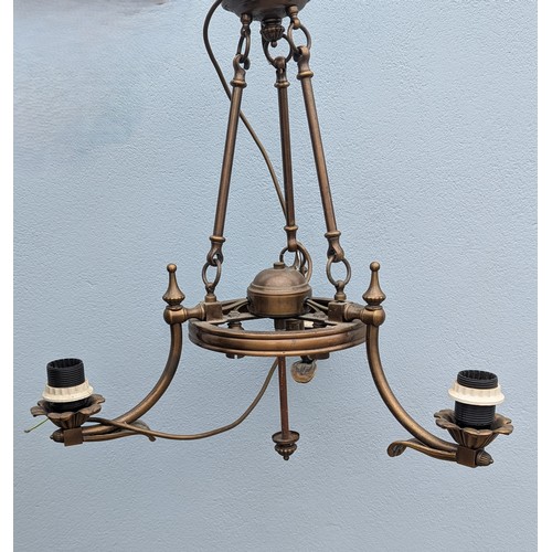 396 - An antique gilt metal five branch Chandelier, together with another Chandelier with three branches a... 