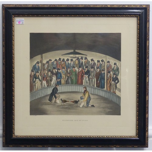 293 - After Henry Alken (1785-1851), Westminster Cock Pit in 1830, hand-coloured print, re-strike, 30cm x ... 