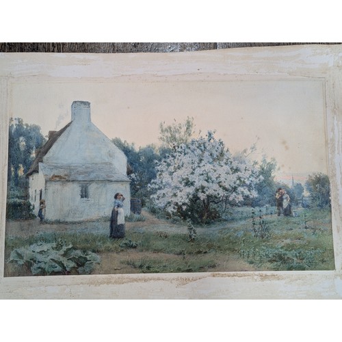 206 - Alfred Heaton Cooper, British 1863-1929,  Figures by a cottage in spring with church spire beyond, w... 