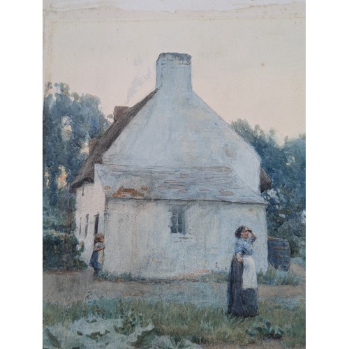 206 - Alfred Heaton Cooper, British 1863-1929,  Figures by a cottage in spring with church spire beyond, w... 