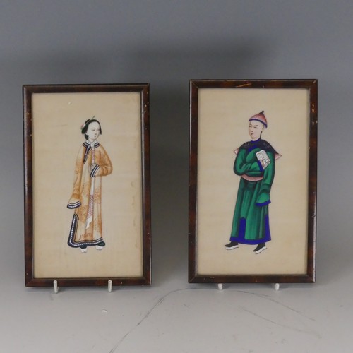 258 - A pair of Chinese figural pith paintings, Qing Dynasty, depicting a young man and woman, 20cm x 12cm... 