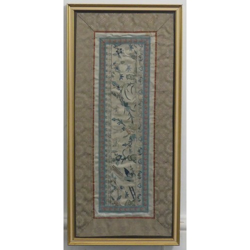 131 - An antique Chinese embroidered silk Collar, 39.5cm x 39.5cm, mounted on silk panels and framed, toge... 