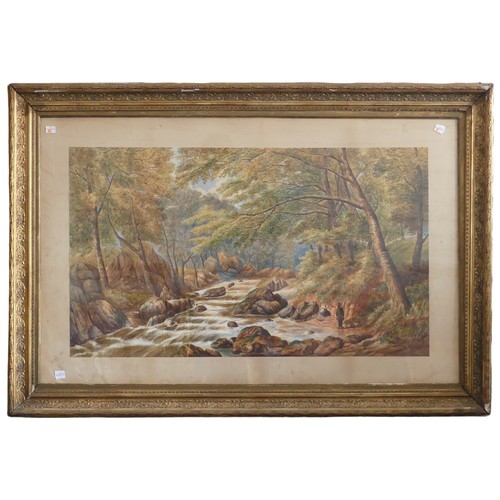 218 - K.E.W. (19th century), Fisherman in a rocky river landscape, watercolour, signed with initials, 50cm... 