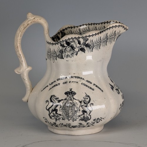 123 - A mid 19thC Staffordshire pottery Commemorative Mug, with lobed bulbous body decorated with a transf... 