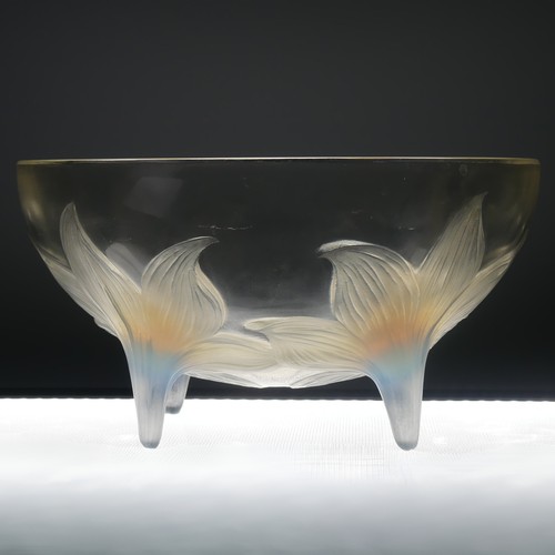 6 - An R. Lalique 'Lys' pattern opalescent glass Bowl, no. 382, raised on four stylised legs, with etche... 