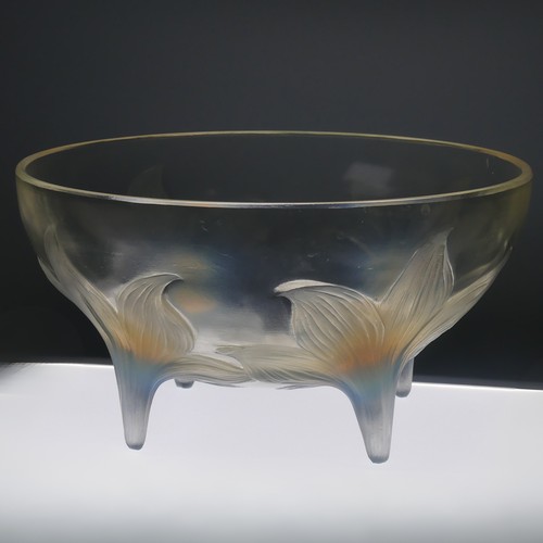 6 - An R. Lalique 'Lys' pattern opalescent glass Bowl, no. 382, raised on four stylised legs, with etche... 