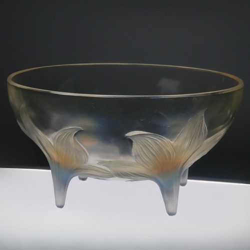 6 - An R. Lalique 'Lys' pattern opalescent glass Bowl, no. 382, raised on four stylised legs, with etche... 