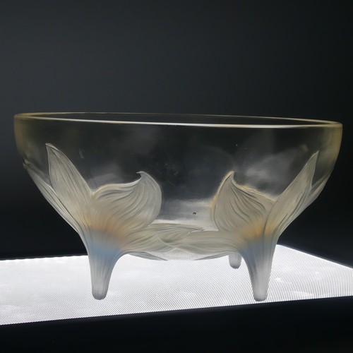 7 - An R. Lalique 'Lys' pattern opalescent glass Bowl, no. 382, raised on four stylised legs, with etche... 