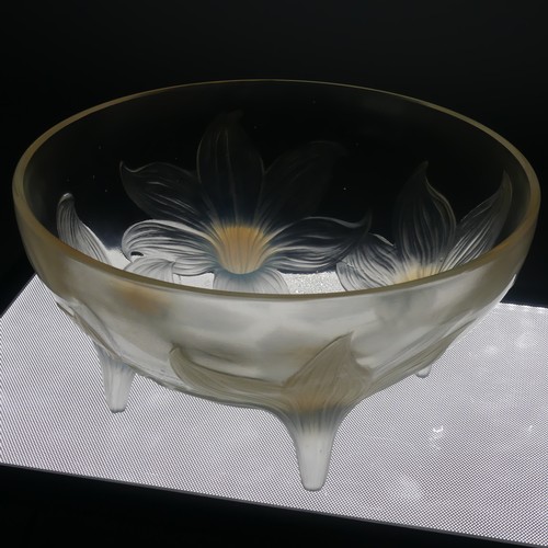 7 - An R. Lalique 'Lys' pattern opalescent glass Bowl, no. 382, raised on four stylised legs, with etche... 