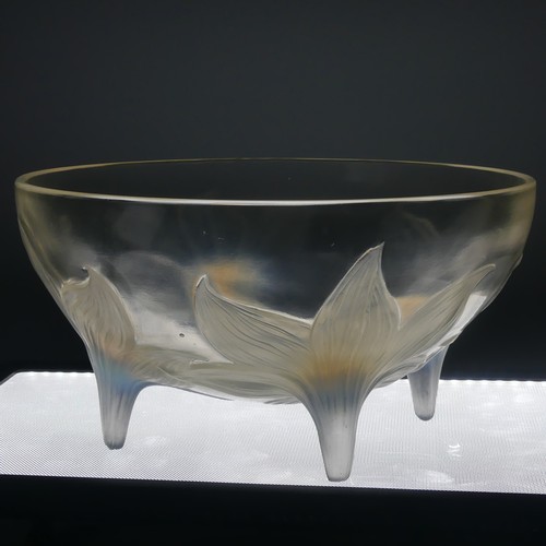 7 - An R. Lalique 'Lys' pattern opalescent glass Bowl, no. 382, raised on four stylised legs, with etche... 