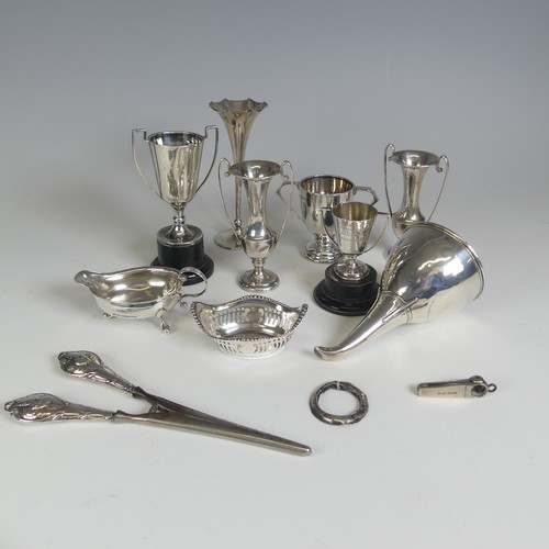 26 - A quantity of Scrap / Damaged Silver, including three small trophy cups, a Georgian wine Funnel, lac... 