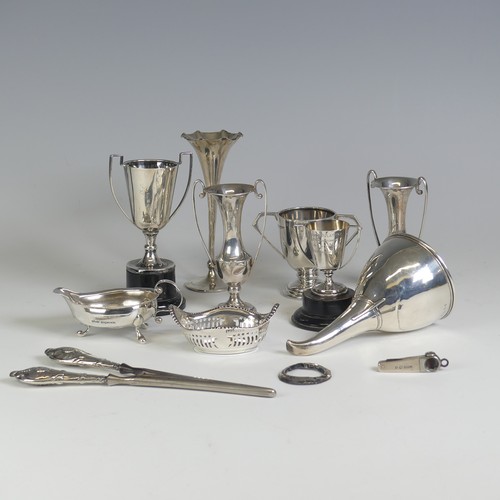 26 - A quantity of Scrap / Damaged Silver, including three small trophy cups, a Georgian wine Funnel, lac... 