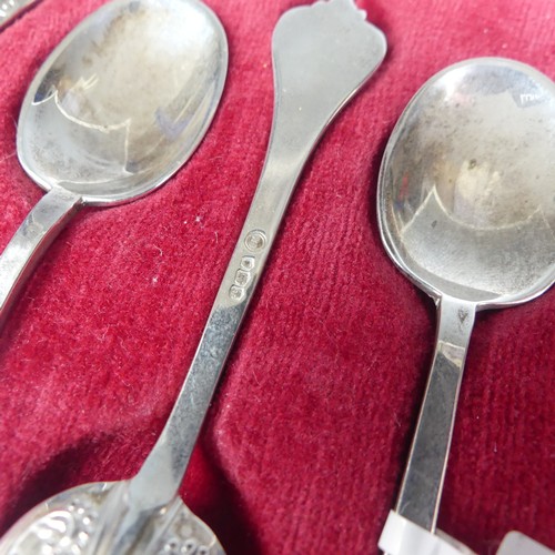 44 - A cased set of six George V silver commemorative 'Charles II lace back trefid' Spoons, by Francis Ho... 