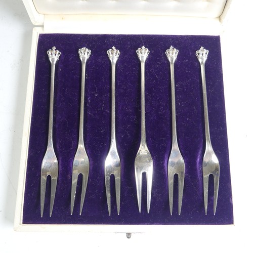 65 - A cased set of six Danish sterling silver Pickle Forks, marked 'DGS Sterling Denmark' with crown fin... 