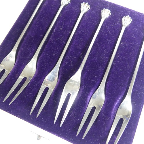 65 - A cased set of six Danish sterling silver Pickle Forks, marked 'DGS Sterling Denmark' with crown fin... 