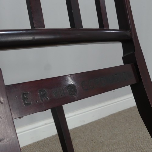 504 - An Edward VII mahogany slat back Coronation Chair, by Glenister of Wycombe, stamped makers mark to t... 