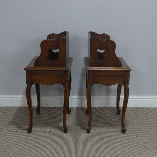 512 - A pair of 20th century French oak bedside Tables, with moulded top and shelves, over singular drawer... 