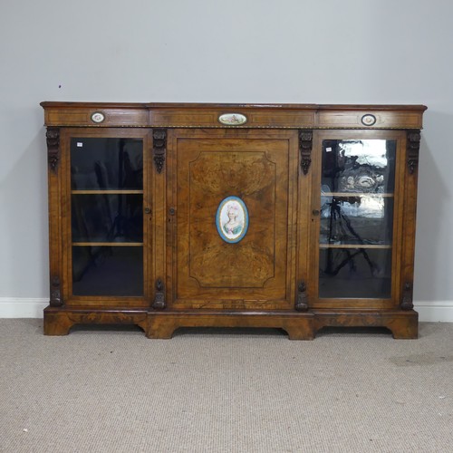 524 - A 19th century walnut veneered breakfront Credenza, the moulded top over frieze with ebony and walnu... 