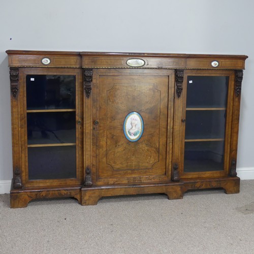 524 - A 19th century walnut veneered breakfront Credenza, the moulded top over frieze with ebony and walnu... 