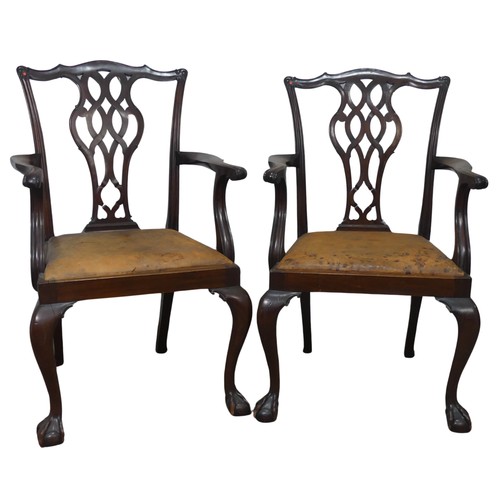 534 - A pair of Georgian mahogany Chippendale style Armchairs, shaped headrests over pierced splat backs, ... 