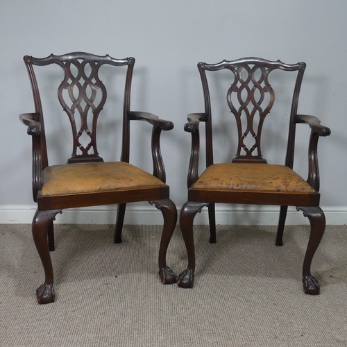 534 - A pair of Georgian mahogany Chippendale style Armchairs, shaped headrests over pierced splat backs, ... 