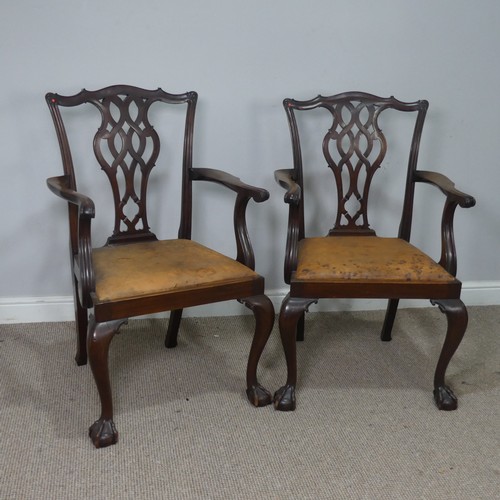 534 - A pair of Georgian mahogany Chippendale style Armchairs, shaped headrests over pierced splat backs, ... 