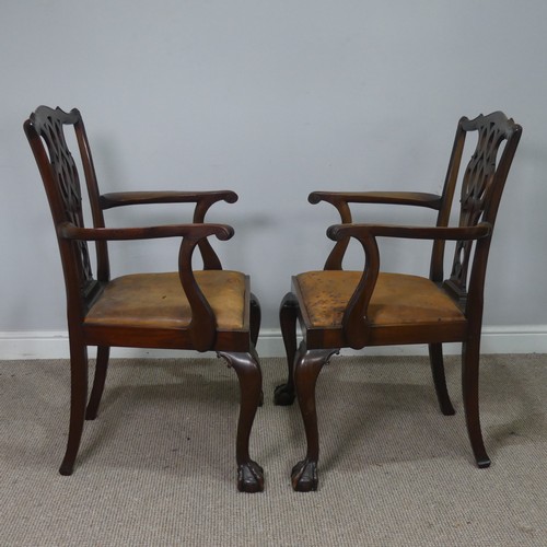 534 - A pair of Georgian mahogany Chippendale style Armchairs, shaped headrests over pierced splat backs, ... 