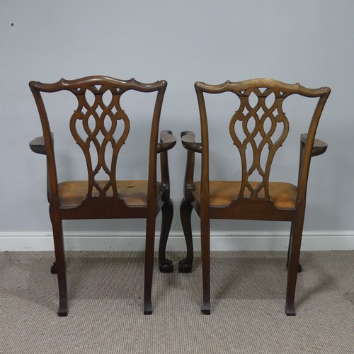 534 - A pair of Georgian mahogany Chippendale style Armchairs, shaped headrests over pierced splat backs, ... 